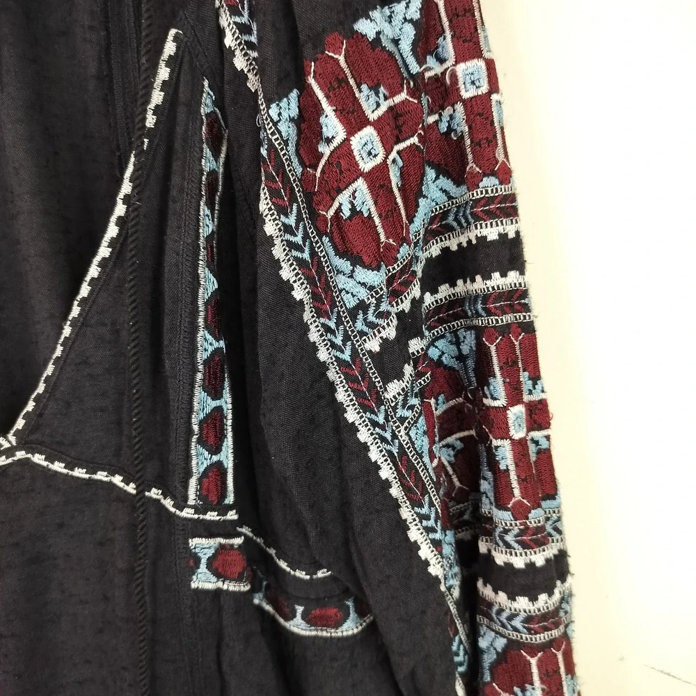 Free People Embroidered Mini Dress Womens Small Tasseled V-Neck Boho Black